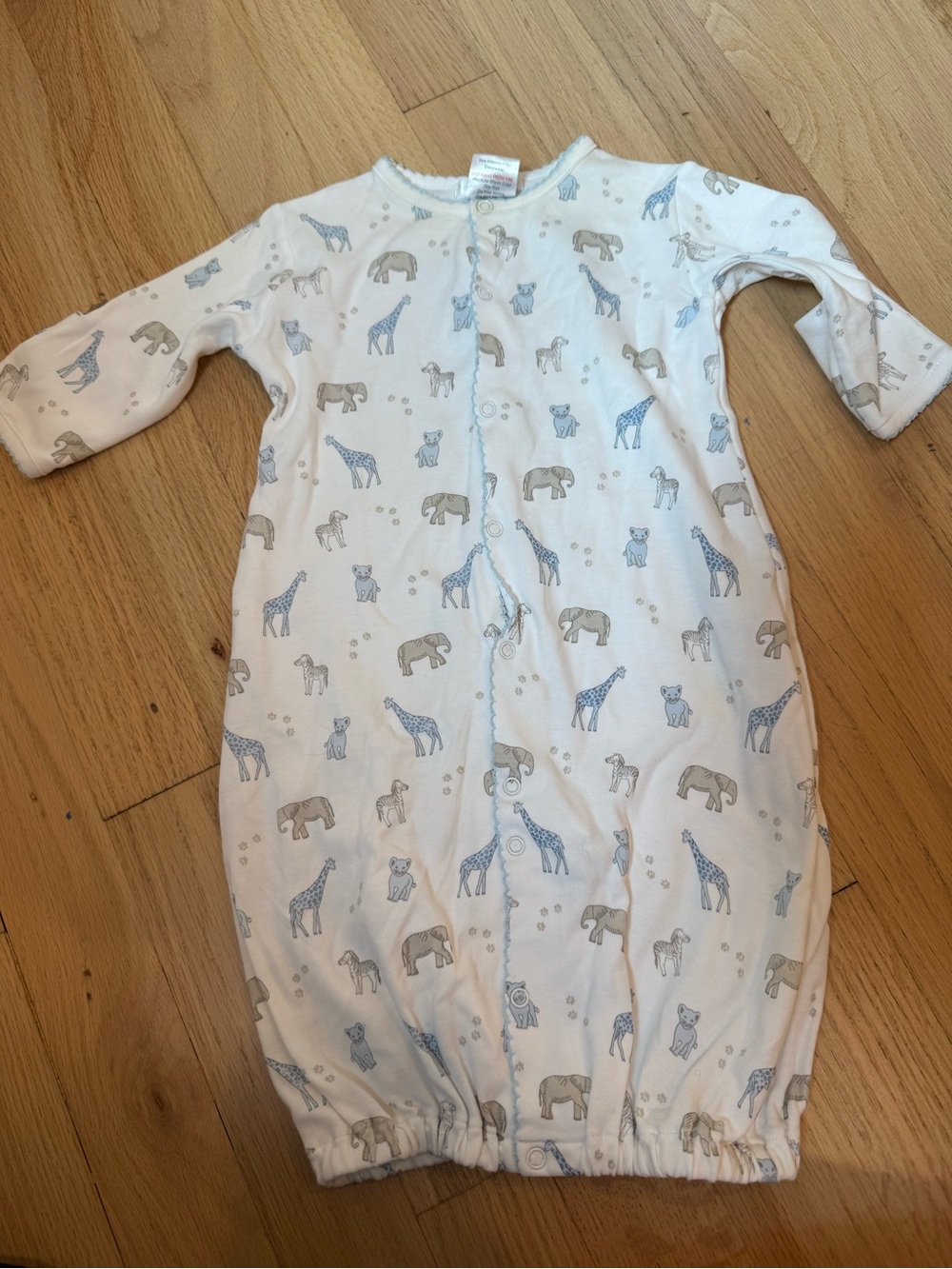 White Baby Sleep Gown with Blue & Gray Safari Animal Print